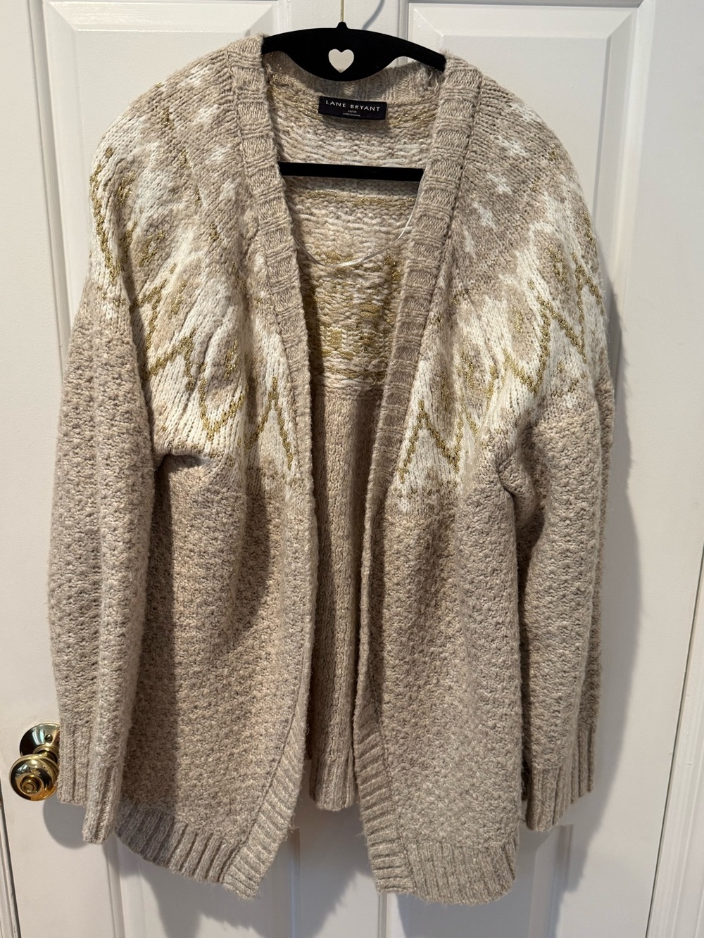 Lane Bryant Beige Cream Open-Front Knit Cardigan with Gold Accent